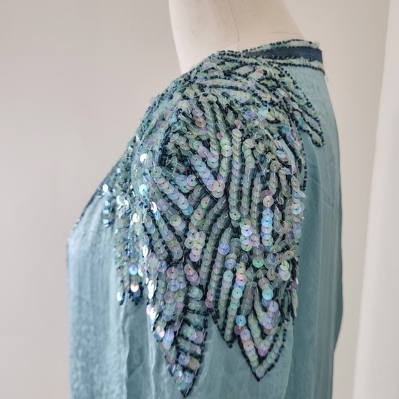 *Free With Purchase* 80’s D'ore shift dress midi turquoise beaded sequins - Picture 6 of 12